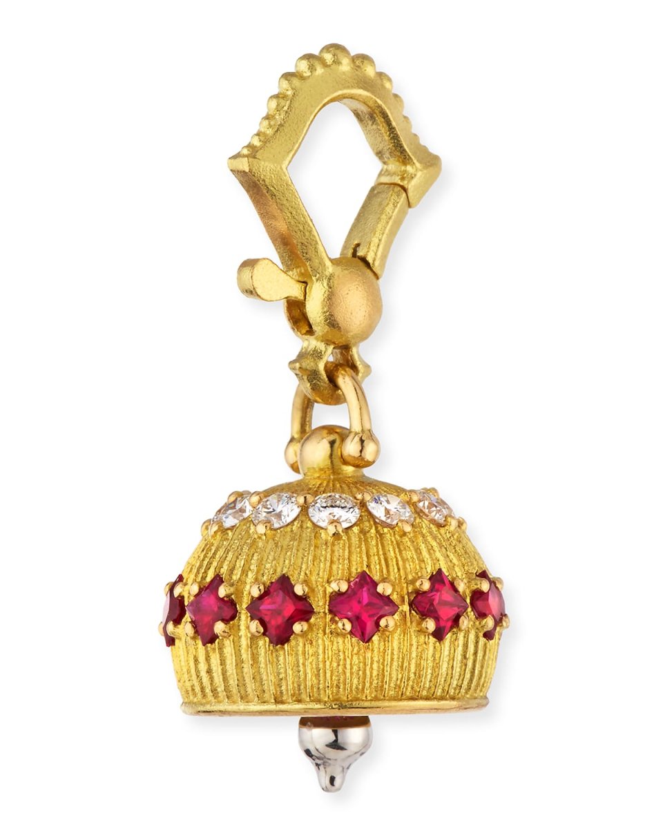 18k Diamond/Ruby Meditation Bell Pendant, 12mm